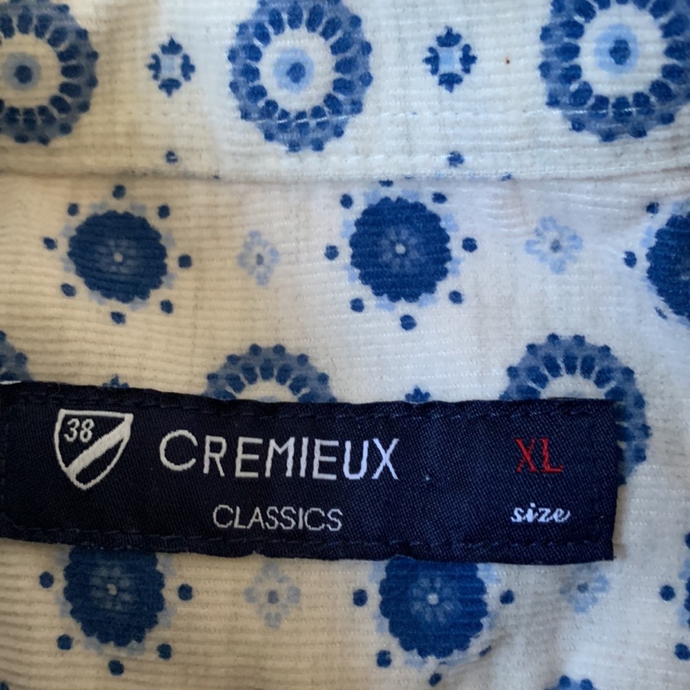 Cremieux baby wale corduroy cream shirt w blue medallion print EUC